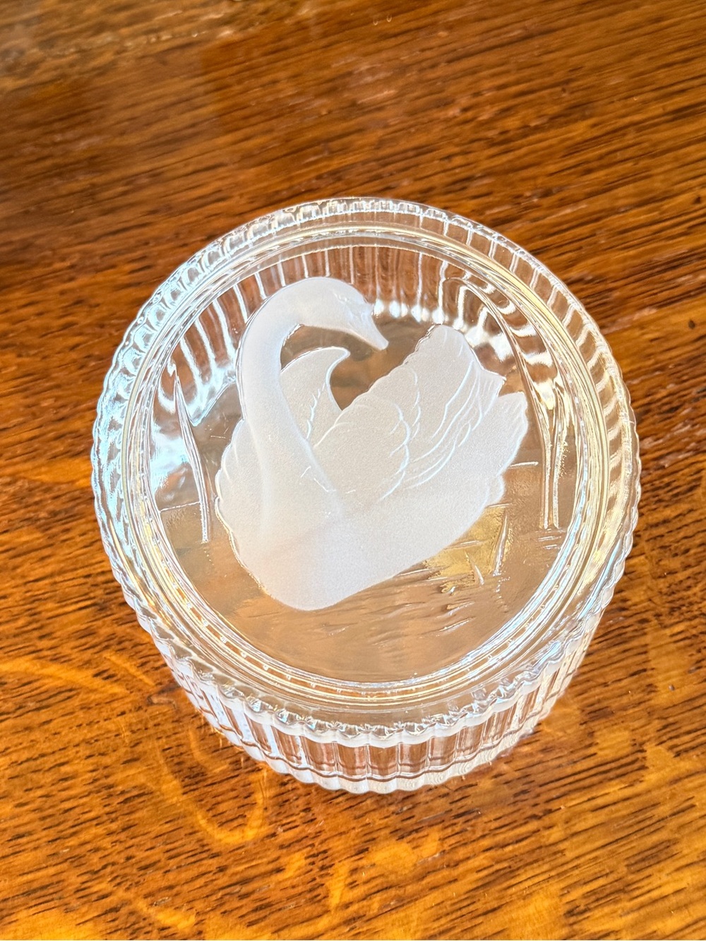 Cristal d’Arques France Oval Swan Crystal Trinket Dish — Etched Satin Swan Lid